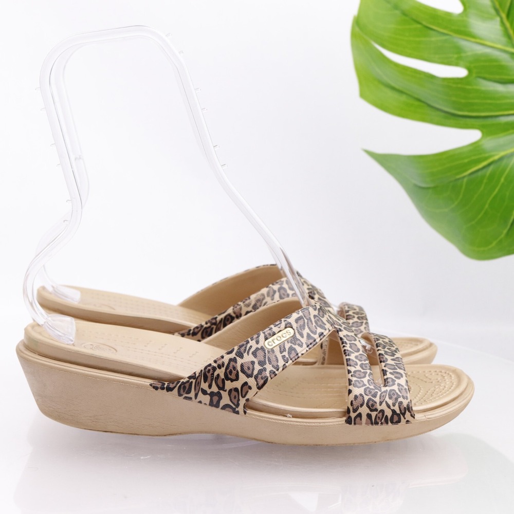 Crocs Womens Patricia Sandal Size 10 Brown Tan Leopard Slide Wedge Comfort Shoe